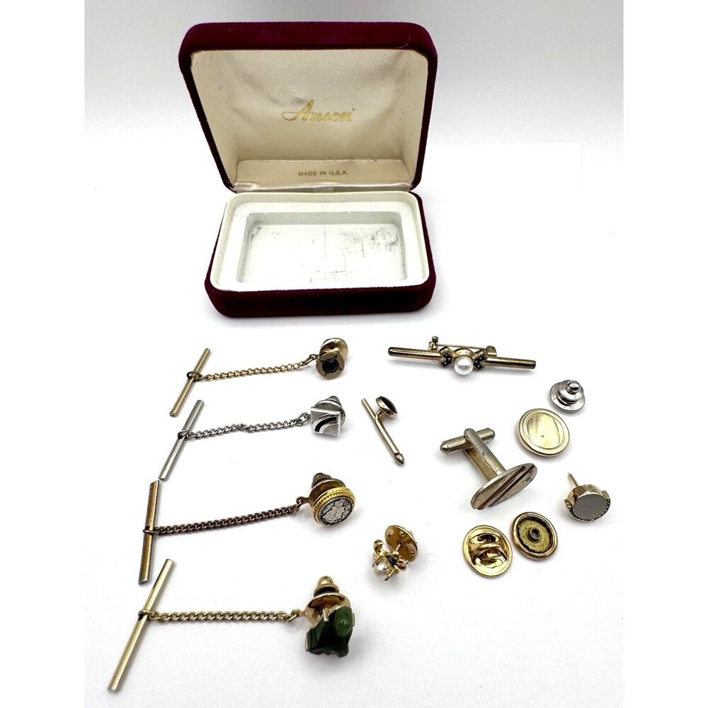 Lot of Vintage Tie Tacks Pins Jade Buddah Gold Tone Roman Coin Amethyst Pearl